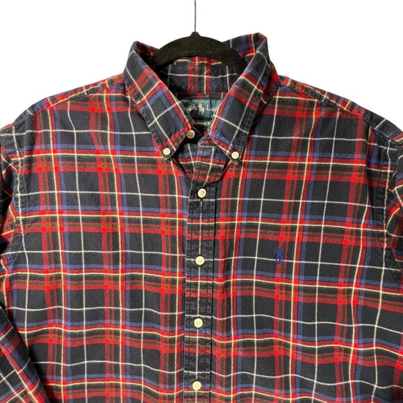 Ralph Lauren Mens Flannel Shirt Navy Blue Red Plaid Button Up XL Classic Fit - Picture 2 of 14